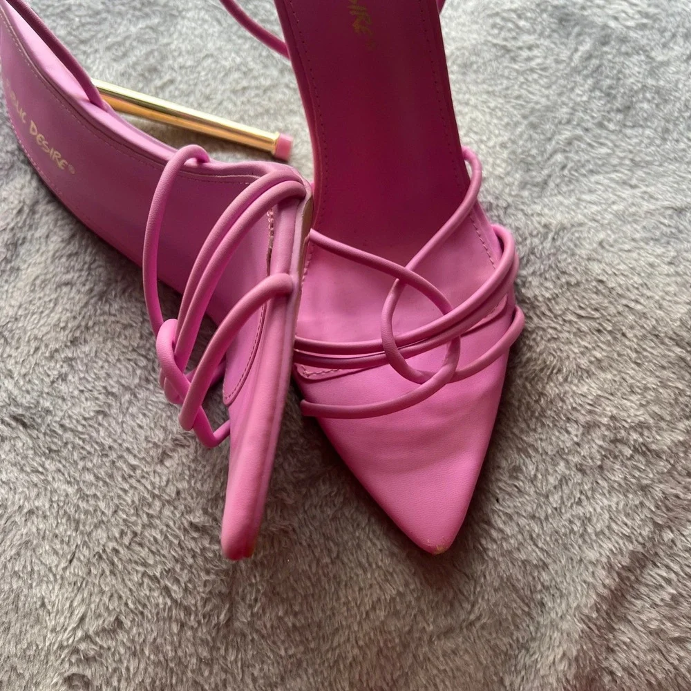 Public Desire Pink Strappy Pointed Toe Gold Stiletto Heel Sandals Womens Size 6 - Picture 2 of 6